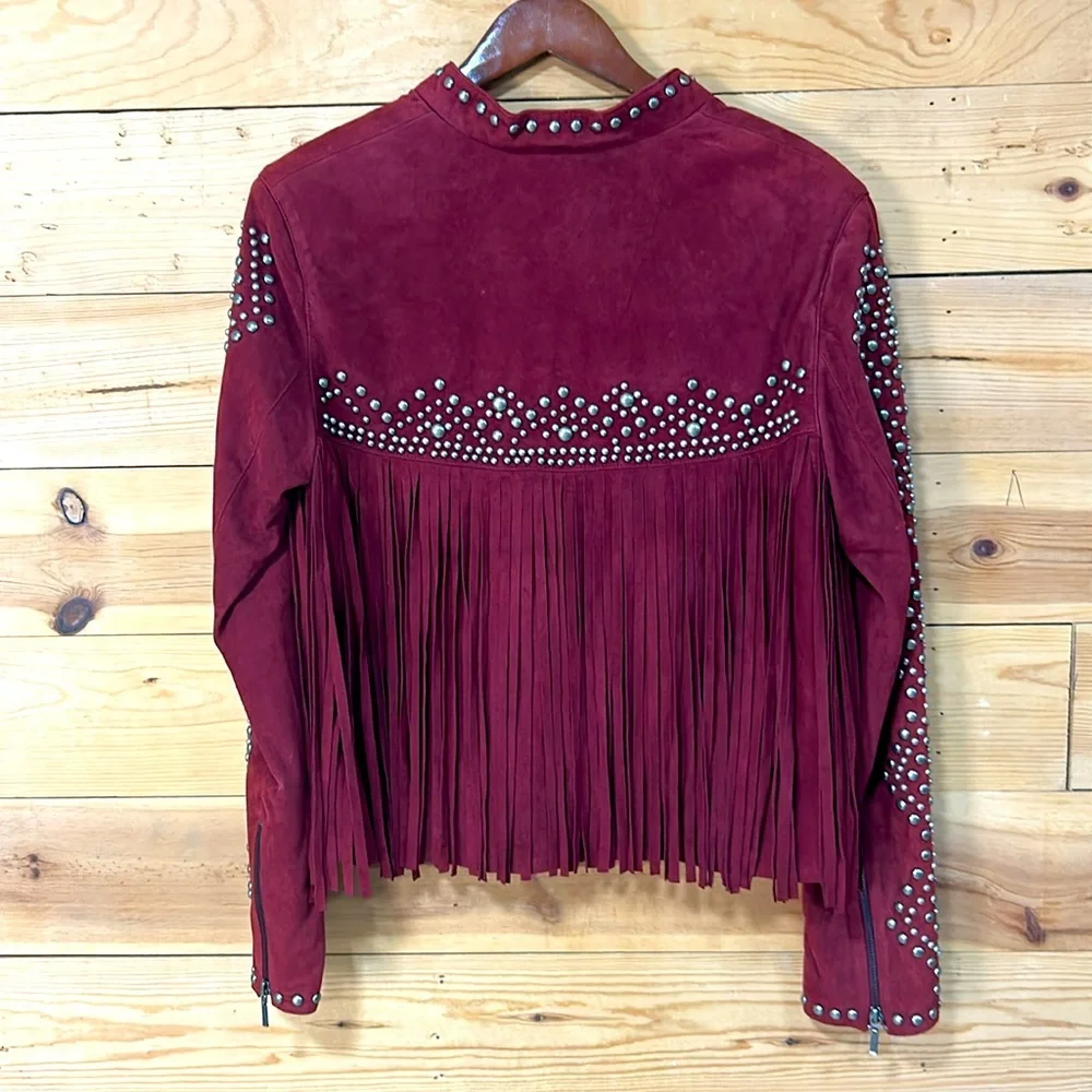 NWT Double D Ranchwear red suede fringe stud zip western nfr rodeo jacket Large